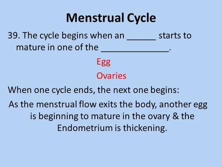 Menstrual Cycle 39. The cycle begins when an ______ starts to mature in one of the ______________. Egg Ovaries When one cycle ends, the next one begins: