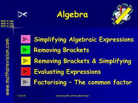 MTH 3-14a MTH 4-14a MTH 4-14b 9-Jun-15Created by Mr. Lafferty Maths Dept. Simplifying Algebraic Expressions Removing Brackets Algebra www.mathsrevision.com.