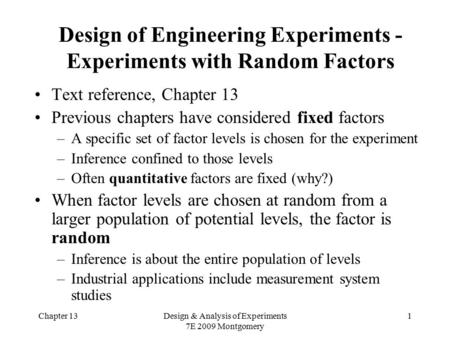 Design of Engineering Experiments - Experiments with Random Factors