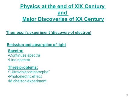 Physics at the end of XIX Century Major Discoveries of XX Century