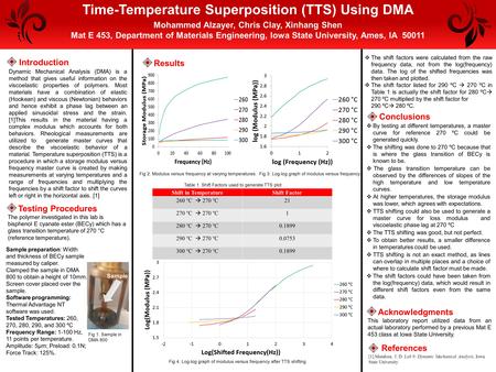 Results References [1].Mendoza, J. D. Lab 9: Dynamic Mechanical Analysis, Iowa State University Time-Temperature Superposition (TTS) Using DMA Acknowledgments.