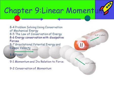 Chapter 9:Linear Momentum 8-4 Problem Solving Using Conservation of Mechanical Energy 8-5 The Law of Conservation of Energy 8-6 Energy conservation with.