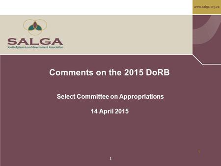 Www.salga.org.za 1 Comments on the 2015 DoRB Select Committee on Appropriations 14 April 2015 1.