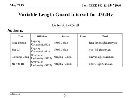 Doc.: IEEE 802.11-15/ 710r0 Submission May 2015 Variable Length Guard Interval for 45GHz Date: 2015-05-19 Authors: NameAffiliationsAddressPhoneEmail Feng.