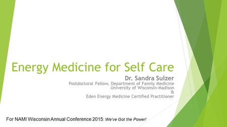 Energy Medicine for Self Care Dr. Sandra Sulzer Postdoctoral Fellow, Department of Family Medicine University of Wisconsin-Madison & Eden Energy Medicine.