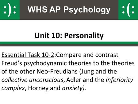 WHS AP Psychology Unit 10: Personality Essential Task 10-2:Compare and contrast Freud’s psychodynamic theories to the theories of the other Neo-Freudians.
