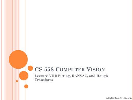 CS 558 C OMPUTER V ISION Lecture VIII: Fitting, RANSAC, and Hough Transform Adapted from S. Lazebnik.