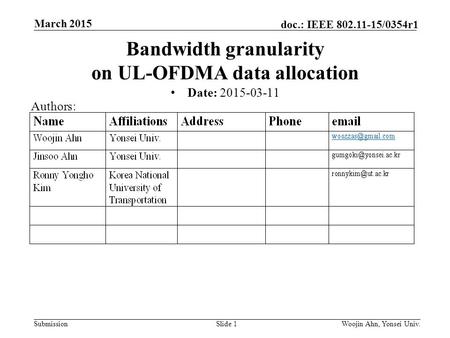Submission doc.: IEEE 802.11-15/0354r1 March 2015 Woojin Ahn, Yonsei Univ.Slide 1 Bandwidth granularity on UL-OFDMA data allocation Date: 2015-03-11 Authors:
