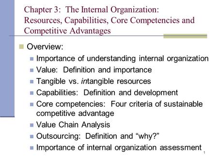 Chapter 3: The Internal Organization: Resources, Capabilities, Core Competencies and Competitive Advantages Overview: Importance of understanding internal.