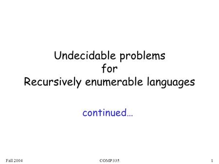 Fall 2004COMP 3351 Undecidable problems for Recursively enumerable languages continued…