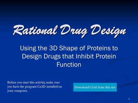 1 Rational Drug Design Using the 3D Shape of Proteins to Design Drugs that Inhibit Protein Function Download Cn3d from this site Before you start this.