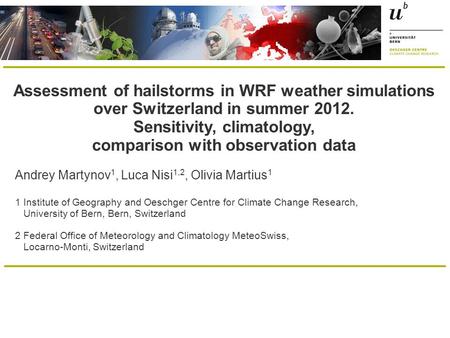 Assessment of hailstorms in WRF weather simulations over Switzerland in summer 2012. Sensitivity, climatology, comparison with observation data Andrey.