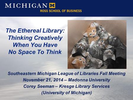 The Ethereal Library: Thinking Creatively When You Have No Space To Think Southeastern Michigan League of Libraries Fall Meeting November 21, 2014 – Madonna.
