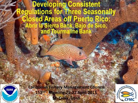 Caribbean Fishery Management Council 152 nd Meeting 21-22 April 2015 St. Croix, USVI Developing Consistent Regulations for Three Seasonally Closed Areas.
