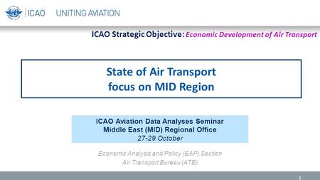 State of Air Transport focus on MID Region 1 ICAO Aviation Data Analyses Seminar Middle East (MID) Regional Office 27-29 October Economic Analysis and.