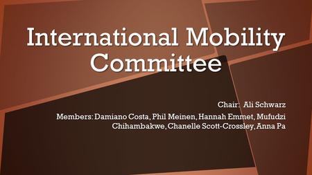 International Mobility Committee Chair: Ali Schwarz Members: Damiano Costa, Phil Meinen, Hannah Emmet, Mufudzi Chihambakwe, Chanelle Scott-Crossley, Anna.
