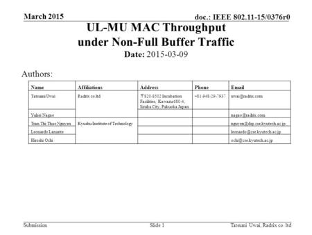 Submission doc.: IEEE 802.11-15/0376r0 Slide 1Tatsumi Uwai, Radrix co. ltd March 2015 UL-MU MAC Throughput under Non-Full Buffer Traffic Authors: NameAffiliationsAddressPhoneEmail.