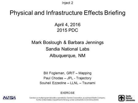 April 4, 2016 2015 PDC Mark Boslough & Barbara Jennings Sandia National Labs Albuquerque, NM Sandia is a multiprogram laboratory operated by Sandia Corporation,