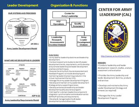 MISSION: Conducts leadership and leader development research, studies, analysis, assessment and evaluation Provides the.