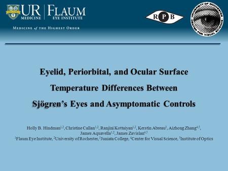 Eyelid, Periorbital, and Ocular Surface Temperature Differences Between Sjögren’s Eyes and Asymptomatic Controls Holly B. Hindman 1,2, Christine Callan.