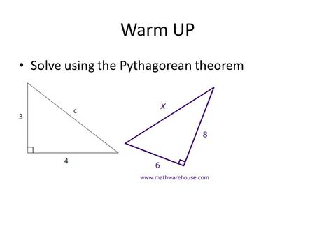 Warm UP Solve using the Pythagorean theorem. ESSENTIAL QUESTION: How can you write an equation for a circle in the coordinate plane with known center.