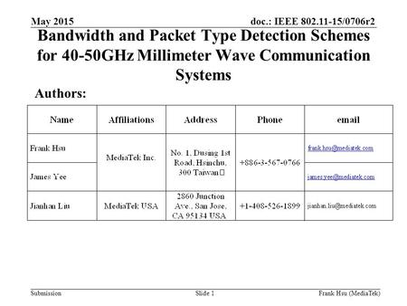 Doc.: IEEE 802.11-15/0706r2 Submission Bandwidth and Packet Type Detection Schemes for 40-50GHz Millimeter Wave Communication Systems Authors: May 2015.