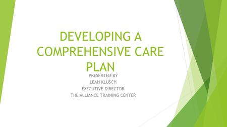 DEVELOPING A COMPREHENSIVE CARE PLAN PRESENTED BY LEAH KLUSCH EXECUTIVE DIRECTOR THE ALLIANCE TRAINING CENTER.