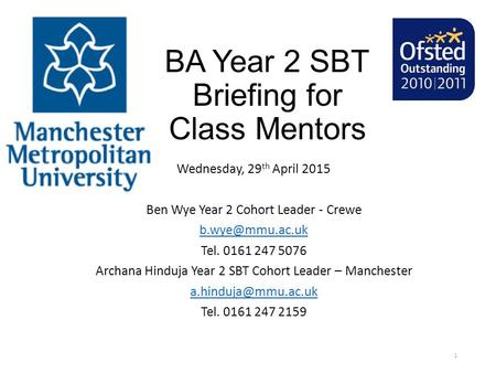 BA Year 2 SBT Briefing for Class Mentors Wednesday, 29 th April 2015 Ben Wye Year 2 Cohort Leader - Crewe Tel. 0161 247 5076 Archana Hinduja.