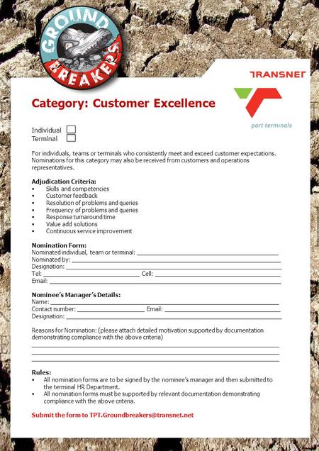 Individual Terminal For individuals, teams or terminals who consistently meet and exceed customer expectations. Nominations for this category may also.
