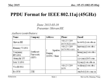May 2015 Submission doc.: 05-15-1082-05-00aj Shiwen He, Haiming Wang PPDU Format for IEEE 802.11aj (45GHz) Authors/contributors: Date: 2015-05-19 Presenter:
