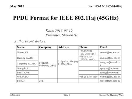 May 2015 Submission doc.: 05-15-1082-04-00aj Shiwen He, Haiming Wang PPDU Format for IEEE 802.11aj (45GHz) Authors/contributors: Date: 2015-05-19 Presenter: