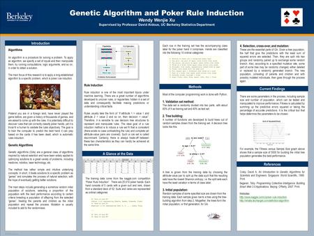 TEMPLATE DESIGN © 2008 www.PosterPresentations.com Genetic Algorithm and Poker Rule Induction Wendy Wenjie Xu Supervised by Professor David Aldous, UC.