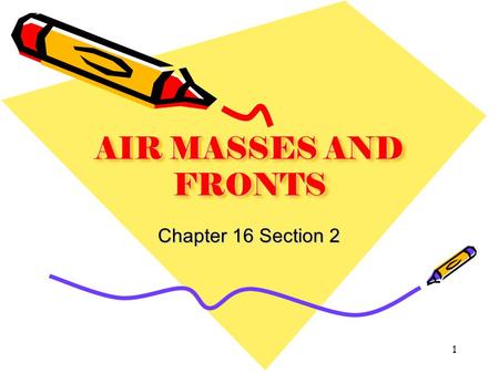 AIR MASSES AND FRONTS Chapter 16 Section 2 1. A front is a boundary between air masses. Four types of fronts and map symbols 1.Cold front 2.Warm front.