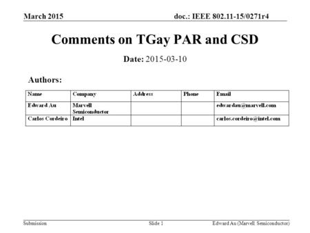 Doc.: IEEE 802.11-15/0271r4 Submission March 2015 Edward Au (Marvell Semiconductor)Slide 1 Comments on TGay PAR and CSD Date: 2015-03-10 Authors: