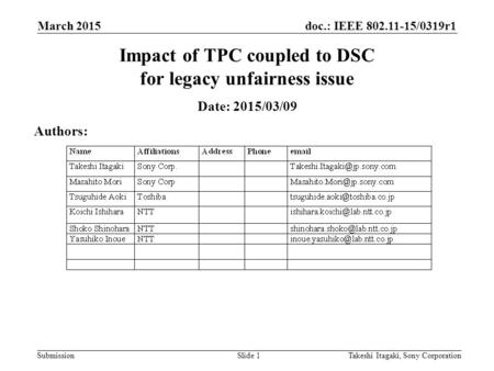 Doc.: IEEE 802.11-15/0319r1 Submission March 2015 Takeshi Itagaki, Sony CorporationSlide 1 Impact of TPC coupled to DSC for legacy unfairness issue Date: