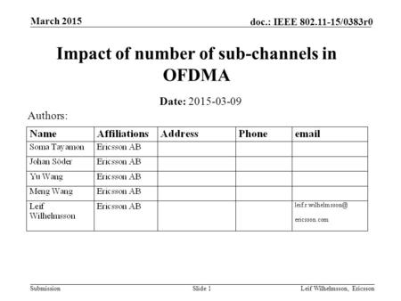 Submission doc.: IEEE 802.11-15/0383r0 Impact of number of sub-channels in OFDMA Date: 2015-03-09 Slide 1Leif Wilhelmsson, Ericsson March 2015 Authors: