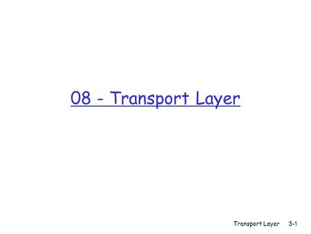 Transport Layer 3-1 08 - Transport Layer. Reliable data transfer: getting started send side receive side rdt_send(): called from above, (e.g., by app.).