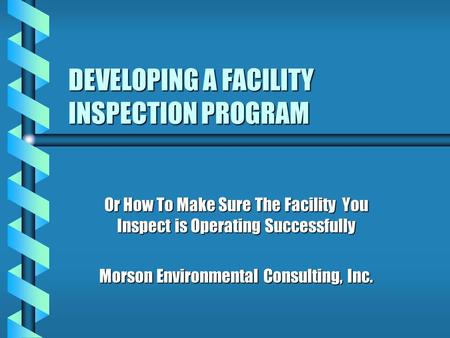 DEVELOPING A FACILITY INSPECTION PROGRAM Or How To Make Sure The Facility You Inspect is Operating Successfully Morson Environmental Consulting, Inc.