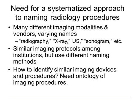 Need for a systematized approach to naming radiology procedures Many different imaging modalities & vendors, varying names –“radiography,” “X-ray,” US,”