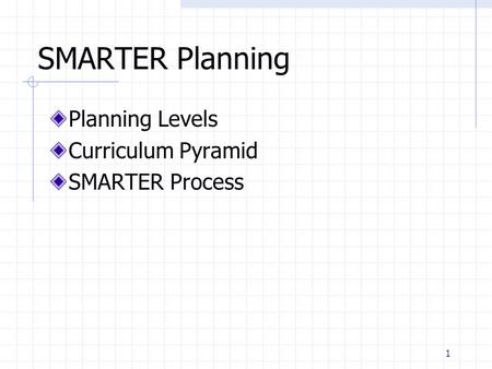 1 SMARTER Planning Planning Levels Curriculum Pyramid SMARTER Process.