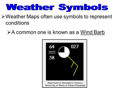  Weather Maps often use symbols to represent conditions  A common one is known as a Wind Barb.
