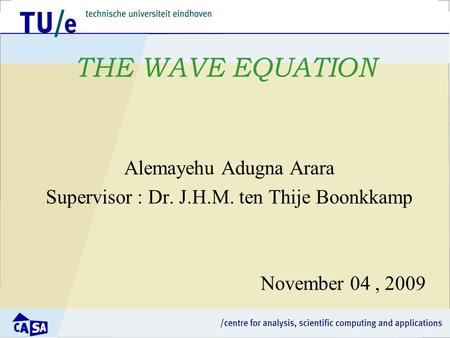 THE WAVE EQUATION Alemayehu Adugna Arara Supervisor : Dr. J.H.M. ten Thije Boonkkamp November 04, 2009.