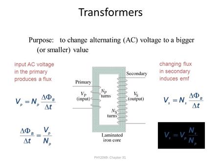 PHY2049: Chapter 31 Transformers Purpose: to change alternating (AC) voltage to a bigger (or smaller) value input AC voltage in the primary produces a.