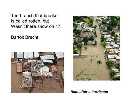 The branch that breaks Is called rotten, but Wasn’t there snow on it? Bartolt Brecht Haiti after a hurricane.