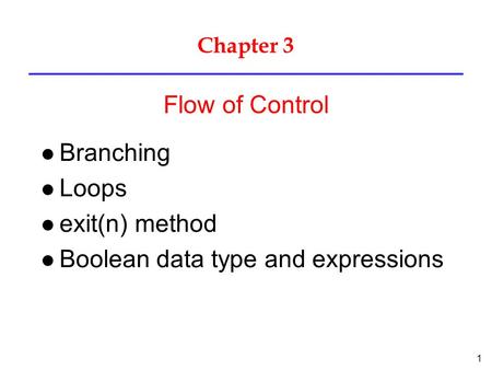 Branching Loops exit(n) method Boolean data type and expressions