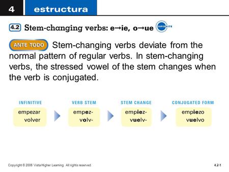 Copyright © 2008 Vista Higher Learning. All rights reserved.4.2-1 Stem-changing verbs deviate from the normal pattern of regular verbs. In stem-changing.