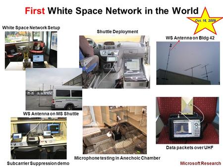First White Space Network in the World White Space Network Setup Microphone testing in Anechoic Chamber Data packets over UHF Subcarrier Suppression demo.