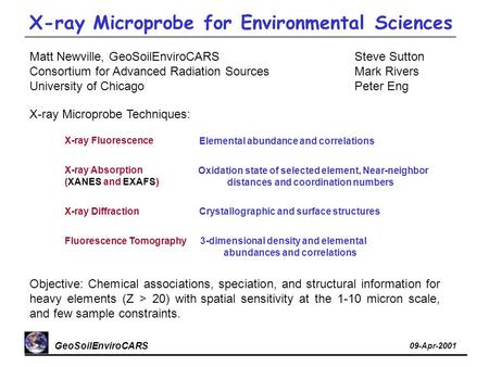 GeoSoilEnviroCARS 09-Apr-2001 Matt Newville, GeoSoilEnviroCARS Consortium for Advanced Radiation Sources University of Chicago X-ray Absorption (XANES.