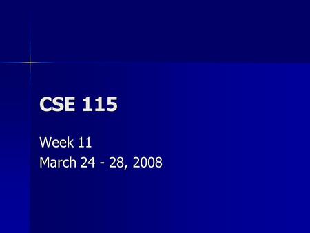 CSE 115 Week 11 March 24 - 28, 2008. Announcements March 26 – Exam 7 March 26 – Exam 7 March 28 – Resign Deadline March 28 – Resign Deadline Lab 7 turned.