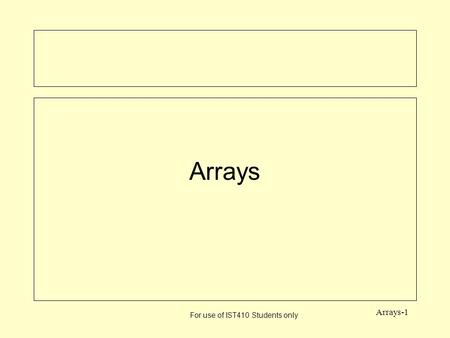 For use of IST410 Students only Arrays-1 Arrays. For use of IST410 Students only Arrays-2 Objectives l Declaring arrays l Instantiating arrays l Using.